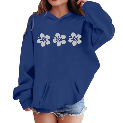 Huihong Children's Sweatshirt Hoodie Kids Girls Floral Cute Graphic Winter Long Sleeved Tops Pullover Hoody for Girls Oversized School Comfy Casual Jogging Blouse 2-13 Years (Dark Blue, 12-13 Years)