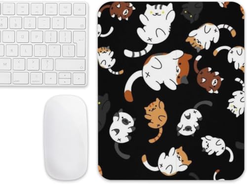 Mouse Pad com Estampa de Gatos Kawaii, Fundo Preto | Design Fofo de Gatinhos, Superfície Antiderrapante, Para Escritório e Casa, Bordas Arredondadas, Compatível com Mouse Óptico