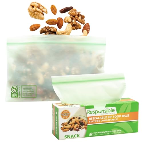 Responsible Products Certified Compostable SNACK Resealable Zip Bag, Extra Strength Food Bags, Plant-Based Freezer-Safe (40 Pack)