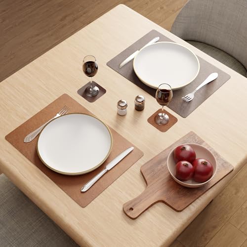 Image of Encasa XO Leather Dining Table Mat Set of 2 + 2 Coasters, 42x30 & 9 cm | Water & Heat Resistant Double-Layer Dining Table Mats | Wipeable & Durable Brown & Tan Placemats for Dining Table