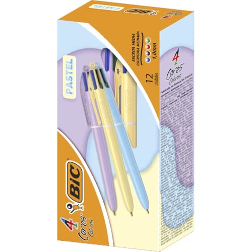 BIC, Caneta Escrita Média Retrátil, 4 Cores Clássicas, Corpo Pastel, 12 Unidades