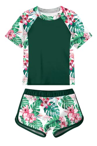 ADUKIDE Girls Swimsuit Size 10-11 Kids Short Sleeve Rash Guard Bathing Suit