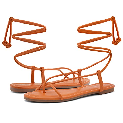 Shoe Land Women’s Flat Sandals – Comfortable Lace-Up Gladiator Sandals with Adjustable Ankle Wrap | Strappy Crisscross Open Toe Tie-Up Shoes for Summer, Beach & Travel, Orange, Size 10.0, SL-Auday by Shoe Land - Used condition - Image 6