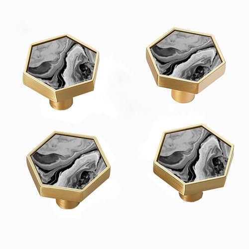 Elohiym 4 Pack Hexagonal Cabinet Knobs, Solid Brass Drawer Pulls with Monochrome Ink-Swirled Liquid Texture, Decorative Wall Hooks for Cabinets, Drawers, Kitchen, Bathroom