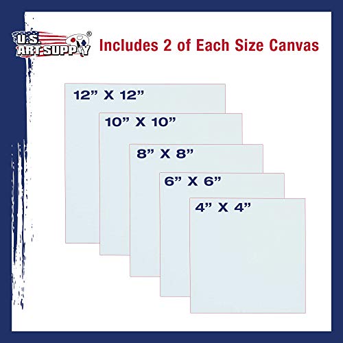 U.S. Art Supply Professional Quality Stretched Canvas, Multipack of 10 Square Sizes, 2 Each 4x4, 6x6, 8x8, 10x10, 12x12 Inches - 12-Ounce Primed, 3/4", 100% Cotton - Painting, Acrylic Pouring, Oil