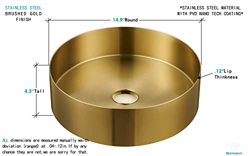 Batashy 14.9" Round Bathroom Vessel Sink, Stainless Steel Vessel Sink,With Pop Up Drain Stopper,Metal Wire Drawing,Modern Above Counter Bathroom Sink For Home,Hotel,Office Decor- Gold #TOP3
