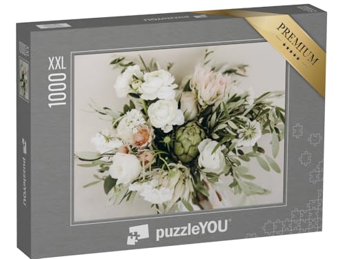 Puzzle 1000 pièces XXL « Bouquet de Mariage de Fleurs et de Verdure avec Ruban Blanc »