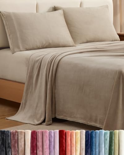 Image of Fleece Sheets Queen Size Set - 4-Piece Flannel Sheet Set - Oxford Tan