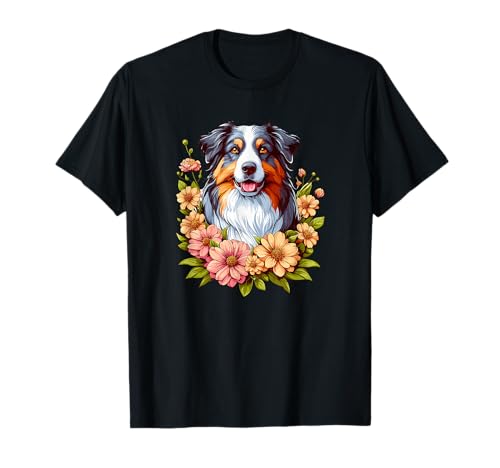 Womens & Girls Floral Flowers Australian Shepherd Lover T-Shirt