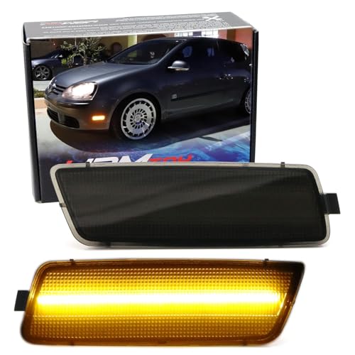 iJDMTOY Smoked Lens Amber Full LED Bumper Side Marker Light Kit Compatible With Volkswagen 2006-2009 MK5 Golf/GTI Rabbit, 2005-2010 Jetta, 2008 R32, 40-SMD LED, Replace OEM Front Sidemarker Lamps