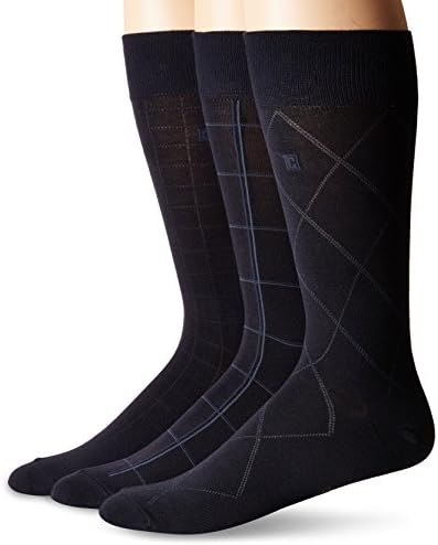 Chaps Men's Classic Dress Crew Socks-3 Pair Pack-Pattern and Solid Color Designs, Dashed Windowpane (Navy), Shoe Size: 6-12