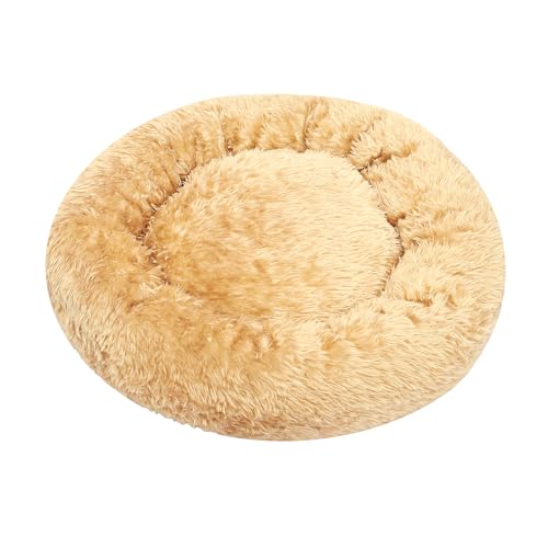 CriTERION Fluffy Round Pet Bed, Luxurious Donut Shaped Bed for Dogs and Cats, Soft Plush Anti-Anxiety Bed with Non-Slip Bottom (Khaki, L)