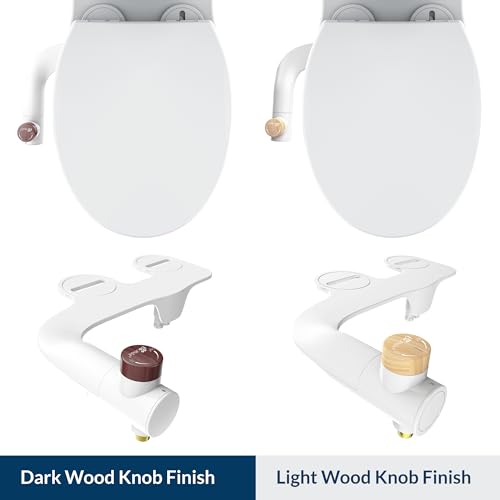 Bio Bidet Essential Bidet Attachment for Toilet, Non Electric, Dual Nozzles for Front and Rear Cold Water Wash, Adjustable Water Pressure, Wooden Knob, White