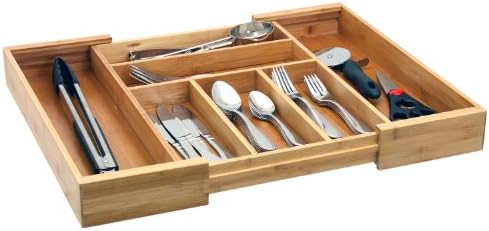 Expandable Bamboo Silverware Organizer (5 Slot and 2 Adjustable slots) Amazing Drawer Inserts with Deep spacious Dividers for Storage of Flatware, Cutlery, Wooden or Stainless steel Utensils - Kitchen Knives, Jewelry or any in drawer storage need