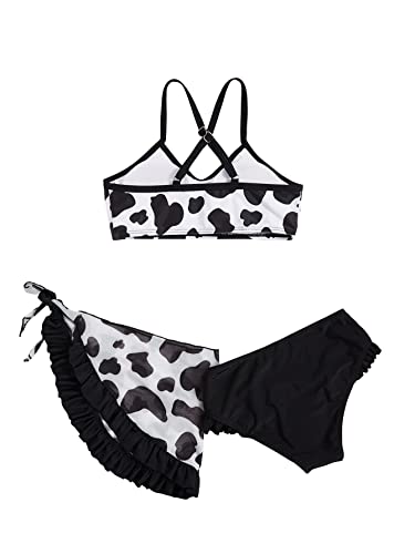 Wdirara Girl's 2 Piece Set Animal Print Ruffle Hem Swimwear Sleeveless Bikini Set Black And White 150 #TOP1