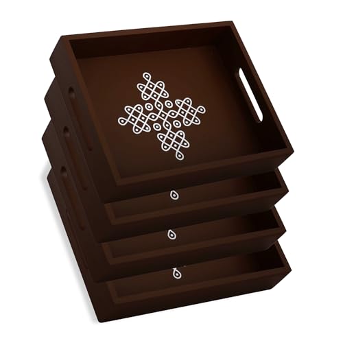Coffee Table Tray with Handles, Return Gifts for Pooja, Return Gifts for Housewarming, Return Gifts, Indian Return Gifts, Indian Return Gifts for Pooja Bulk - 10" X 8" X 2" Size (4, Brown) by Vedantam - Used condition - US$29.48