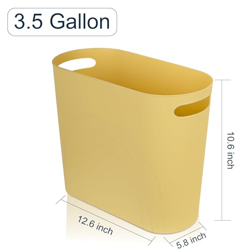 Image of rejomiik Small Trash Can, 3.5 Gallon Slim Garbage Can Plastic Waste Basket with Handles Container Bin for Narrow Spaces Bathroom, Bedroom, Kitchen, Office at Home, Yellow