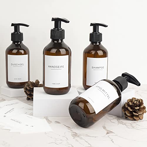 Ezebesta 4 Stück 300ml Seifenspender mit Etiketten Lotionspender aus PET Plastik Leer Flasche mit Schwarz Lotion Pumpe Spender Cover