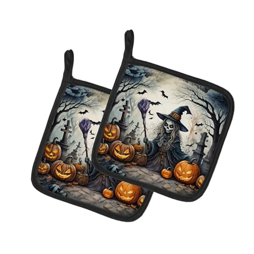 Caroline's Treasures Witch Spooky Halloween Pair of Pot Holders Kitchen Heat Resistant Pot Holders Sets Oven Hot Pads for Cooking Baking BBQ, 7 1/2 x 7 1/2