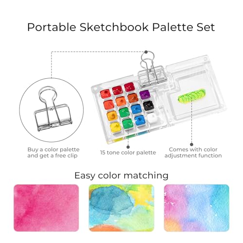 Tragbare Skizzenbuch Palette Set, 15 Grids Mini Acryl Reise Malpalette Malkasten Acrylfarben Pocketartist Travel Set mit Aquarellpapier Journal und Clip