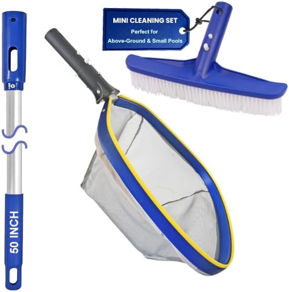 Poolvio Swimming Pool Cleaning Kit, 14'' Brush Head & 50'' Telescopic Aluminum Pole with Fine Mesh Skimmer Net - Perfect for Above Ground Pools, Spas, Hot Tub Fountains Blue (PK0140) - Image 3