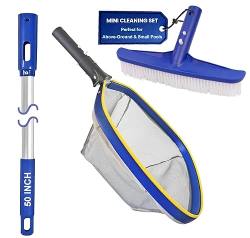 Poolvio Swimming Pool Cleaning Kit, 14'' Brush Head & 50'' Telescopic Aluminum Pole with Fine Mesh Skimmer Net - Perfect for Above Ground Pools, Spas, Hot Tub Fountains Blue (PK0140) - Thumbnail 3