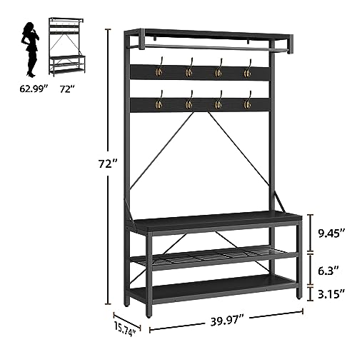 IDEALHOUSE Coat Rack Shoe Bench Industrial Hall Tree Storage Bench for Entryway, Wood Look Accent Large Shoe Rack with Storage Shelf Hanging Bar and 8 Hooks Black 39.9"x15.7"x72"