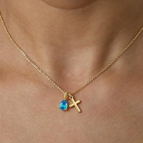 MOJOROUS 14K Gold Plated Birthstone Cross Necklace for Women Daughter Christian Birthday First Communion Confirmation Gift 16 + 2 Inches by MOJOROUS - Used condition - Image 2