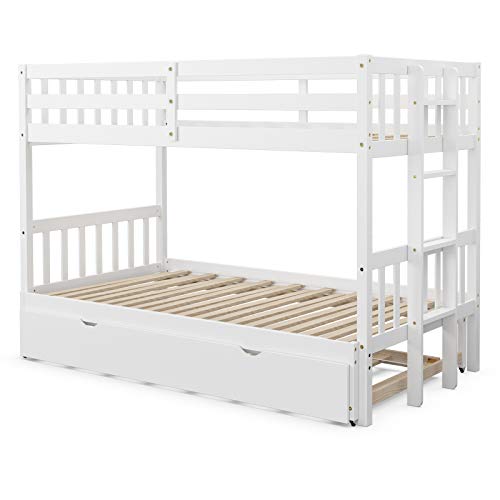 Komfott Wood Twin Over Full Bunk Bed With Trundle, Extendable Twin/Full Bunk Bed Frame With High Guardrail & Safety Ladder, Solid Wood Frame, Pull-Out Bunk Bed For Kid’s Room, Guest Room, Dormitory #TOP7