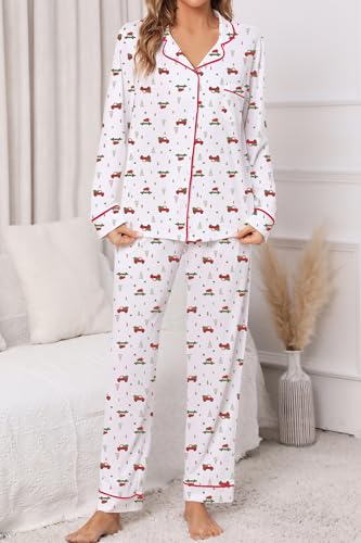Image of LUBOT Christmas Pajamas for Women 100% Cotton Pajama 2 Piece PJ Set Soft Long Sleeve Button Xmas Print Loungewear XS-XXL