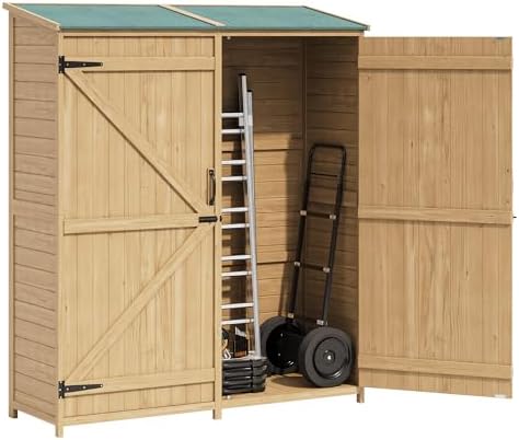 Outdoor Storage Shed, Large Weatherproof Wooden Utility Shed with Waterproof Roof, 2 Removable Shelves & Lockable Double Doors, Garden Tool Storage for Patio, Backyard, Lawn Equipment, Wood Color