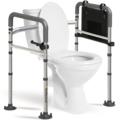 ProTraverse Adjustable Toilet Safety Frame with Handles - Foldable Bathroom Grab Bar for Elderly & Disabled, 350 lbs Capacity, Fits Any Toilet (Includes Tissue Holder & Storage Bag)