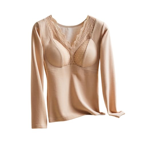 Thermal Underwear for Women UK Long Sleeve Tops with Built in Bra Ladies Fleece Lined Thermal Base Layer Shirts Wirefree Padded Winter Warm