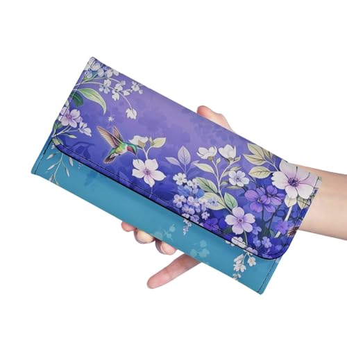 Image of AFPANQZ Women's PU Leather Three Fold Wallet, Hummingbird Flower Gradient Long Trifold Clutch Purse, Credit Card Money Organizer with ID Window