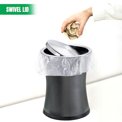 Bennett Small Office Trash Can, Swivel-a-Lid Small Wastebasket Metal 'Center-Inset' Design, Modern Home Décor, Round Shape (Gray)