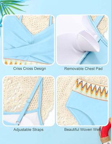 Image of BAVADER Girls Swimsuit 2 Piece Teen Criss Cross Bikini Set Woven Color Block Welt Bathing Suit for Girls Swimwear 9-18T