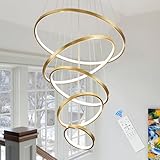 AIRYPHANT Modern LED Chandelier High Ceiling 5 Ring Gold Chandeliers Foyer Dimmable Ceiling Pendant Light Fixture Contemporary Flush Mount Chandelier for Staircase Living Room, 3000K-6500K