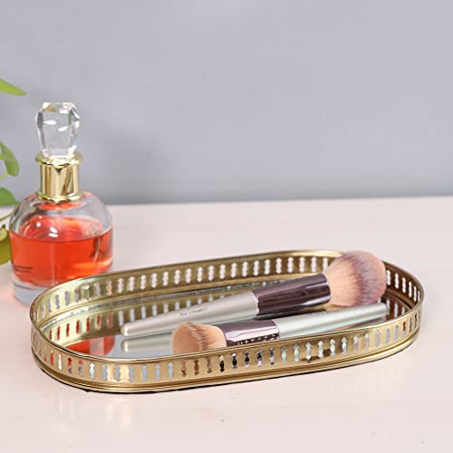 Image of Craft Brio -A TRENDY HANDICRAFTS Oval Glass Mirror Gold Plated Serving Tray Decorative Diwali Gifting Vanity Perfume Storage Pooja Wedding Gifting Trays (28 X 16 cm)