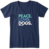 Life is Good Women's Crusher Valentine's Day V-Neck Tee Shirt, Short Sleeve Cotton Graphic T-Shirts, Peace Love Dogs, Darkest Blue, XS