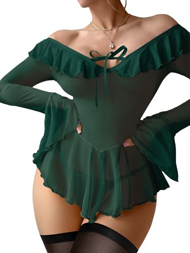 Image of Foxiny Sheer Ruffle Long Sleeve Babydoll Lingerie Dress | Off-shoulder neckline, flared cuffs and a flounce hem add movement; thong and thigh-high stockings complete the 3-piece set