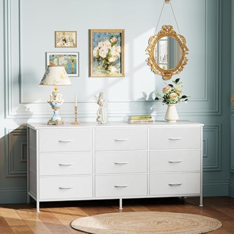 Huuger 9 Drawer Dresser, 47 Inch TV Stand for 50, 55 Inch TV, Entertainment Center with Drawers, Fabric Dresser Chest of Drawer for Bedroom, Closet, PU Leather Surface, White