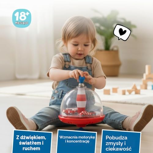 Alldoro 68030 - Panoramiczny Bączek Strażacki Ø 19 cm z Dźwiękiem i Stojakiem, Muzyczny Wóz Strażacki, Klasyczny Bączek Bezwładnościowy dla Dzieci od 18 Miesięcy