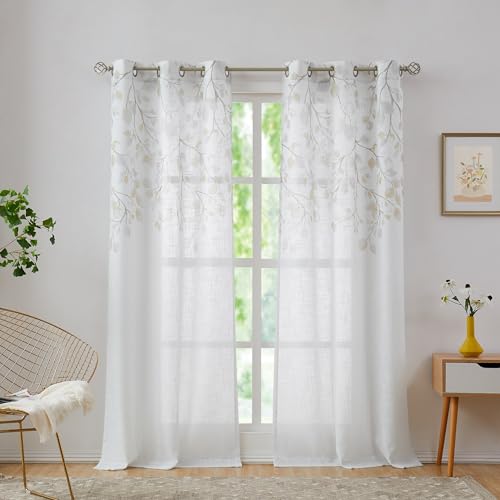 Central Park Leaf Floral Print Metallic Sheer Linen Window Curtain Panel for Rustic Living Room/Bedroom Sparkling Decorative 6 Grommets Top Drape Panels Farmhouse Curtains, Yellow,40" x 84"x2, 2 PK by Central Park - Image 2