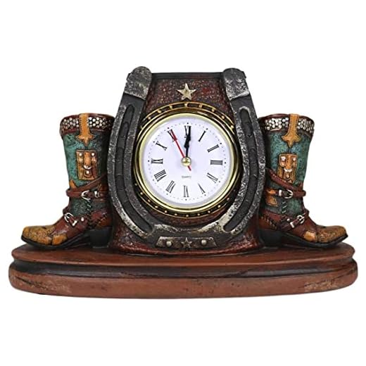 Ebros Gift Country Western Star Lucky Horseshoe Faux Tooled Leather Turquoise Cowboy Boots Designer Resin Analog Desktop Table Clock 9.25" Long Decorative Home and Office Rustic Accent