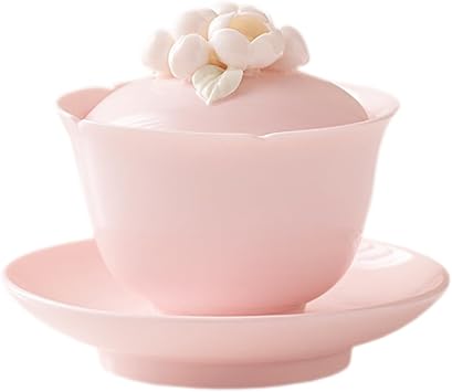 Sizikato Pink Porcelain Gaiwan with Tray, White Floral Ceramic Sancai Teacup