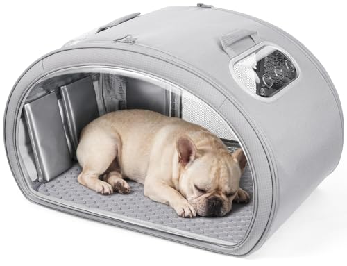 Pecute Cat Cooling House, with Cooling Mat for Small Dogs, Indoor cat bed with insulation and 6 built-in ice packs, Foldable Transparent Window Outdoor Cat House for Medium Pets Under 17.6lbs, L, Gray