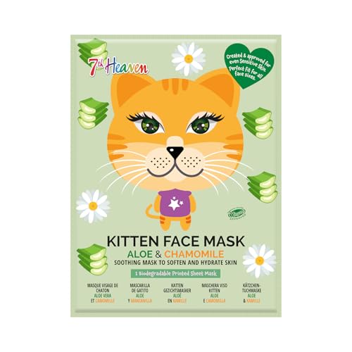 7 th Heaven - Mascarilla de Tela Calmante - Kitten Face Mask - 1 Ud. - Limpieza e Hidratación Facial - Enriquecida con Pepino y Aloe Vera - Diseño de Gato - Todo Tipo de Pieles - 100% Vegana