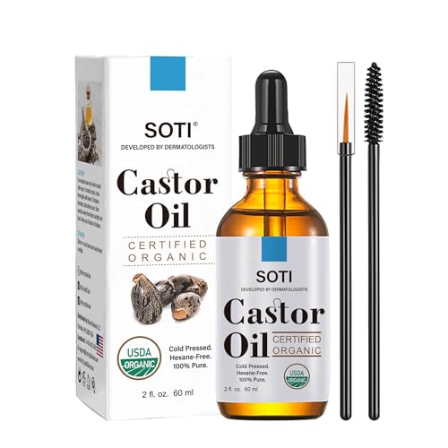 Organic Castor Oil Made in USA USDA Certified 100% Pure Cold Pressed Hexane Free Stimulate Growth for Eyelashes Eyebrows Hair Skin Moisturizer by Soti (2oz)