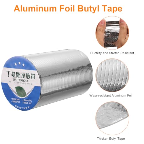 Image of HARFINGTON Waterproof Butyl Tape 16-ft x 8 inch W Aluminum Foil Sealant Tape, 0.03 inch Thick Upgraded Outdoor Use Self-Adhesive Sealing Tape for Roof Window RV Boat Pipe Repair