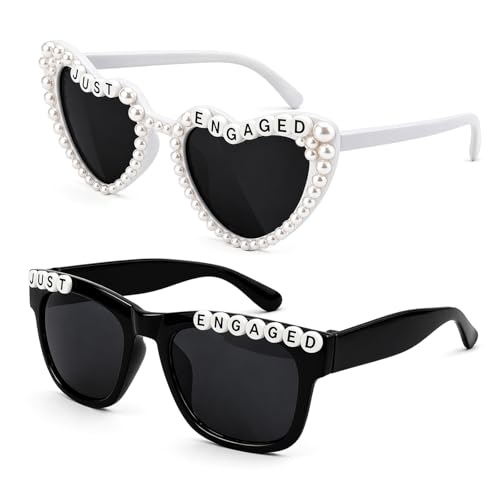Eluckya 2 Pairs Just Engaged Sunglasses for Women & Men, Engagement Party Glasses for Bride-to-Be, Bridal Shower, Honeymoon Accessories Engagement Gifts White and Black